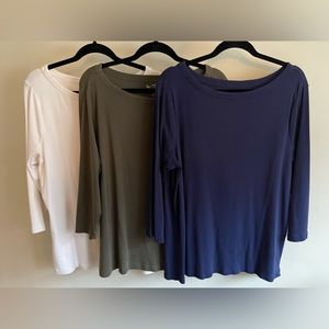 3 identical Chicos boat neck shirts: cream, navy, olive. Chicos size 3 =XL/ 16